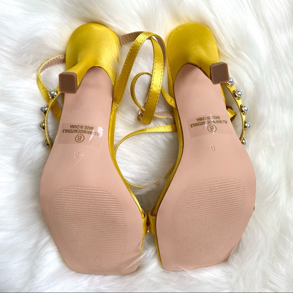 NIB Lulu’s Size 8 Daffodil Yellow Satin Pearl Studded Strappy Heeled Sandals - Picture 11 of 14